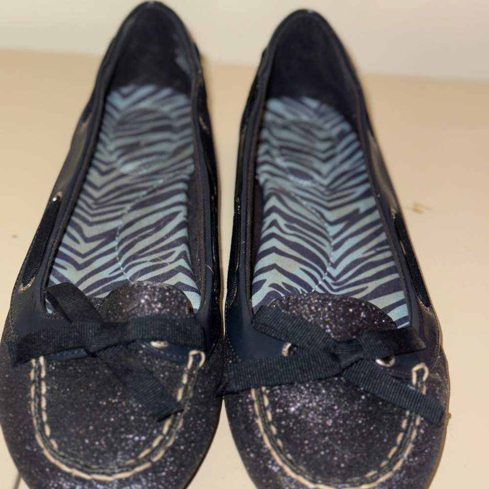 Sperry Navy Blue Glitter Flats with Bow